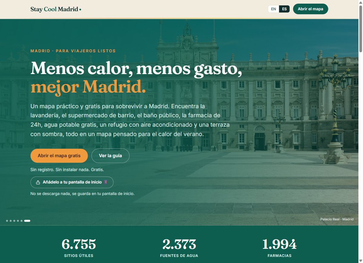 Captura actual de la pantalla de inicio de Stay Cool Madrid con el botón para añadirla a la pantalla de inicio
